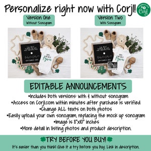 May include: Editable announcement for a new baby with a green shamrock theme. The announcement includes two versions, one with and one without a sonogram. The announcement features a chalkboard sign with the text "The best things in life are unexpected" and a baby onesie with the text "Oops, we did it again".
