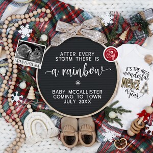 Digitale Weihnachtsregenbogen-Babymitteilung, bearbeitbarer Boho Regenbogen-Babyurlaub Social Media Reveal, nach jedem Sturm ist ein Regenbogen