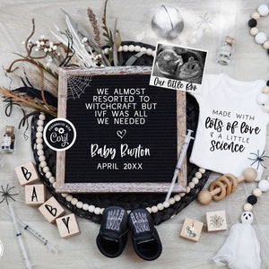 Funny Halloween IVF Pregnancy Announcement Digital, Funny Spooky Boho Floral Pregnancy Reveal, Made with Love & Science, Baby is Brewing