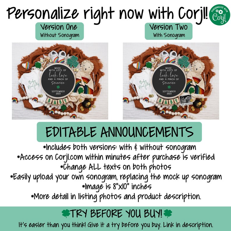 May include: Editable digital announcement for a baby shower or gender reveal. The announcement features a green and gold colour scheme with a rainbow, shamrocks, and a baby onesie. The text on the announcement reads "Made with lots of luck, love and a pinch of science." The announcement is available in two versions: one with a sonogram and one without.