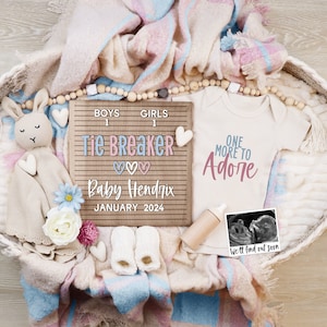 Digital Pregnancy Announcement, Baby Number Three Announcement, Boho Blue Pink Gender Neutral Template, Tie Breaker, One More to Adore