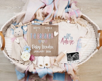 Digital Pregnancy Announcement, Baby Number Three Announcement, Boho Blue Pink Gender Neutral Template, Tie Breaker, One More to Adore