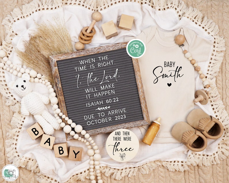 Christian Pregnancy Announcement Digital, Editable Isaiah 60:22 Boho Bear Baby Announcement, Gender Neutral Pregnancy Reveal Template image 2