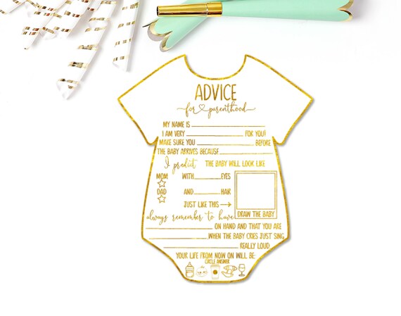 Gold Foil Baby Shower Advice Cards, Bodysuit Shaped, Baby Shower Activity, Games, Generic, Ideas, It's a Boy, It's a Girl, Instant Download Il_570xn