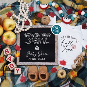 Peut inclure: Un tableau noir avec le texte "Leaves are falling, apples are sweet, our family is growing by two little feet!" et "Baby Spice April 20XX".  Une grenouill&egrave;re blanche avec le texte "Get ready to Fall in Love" et une petite feuille d'&eacute;rable rouge.  Un hochet pour b&eacute;b&eacute; en bois, un panier de pommes et une paire de chaussons de b&eacute;b&eacute; bruns.