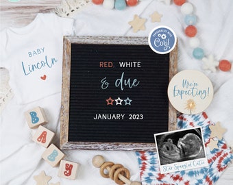 Red White and Due Pregnancy Announcement, Digital Retro Patriotic 4th of July Baby Reveal, Memorial Day We're Expecting Social Media Photo