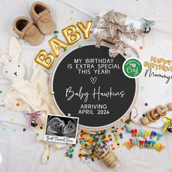 Birthday Pregnancy Announcement Digital, Boho Happy Bday Gender Neutral Baby Announcement, Editable Baby Reveal Template, Best Present Ever