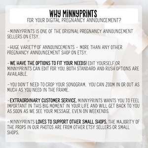 K&ouml;nnte beinhalten: Eine wei&szlig;e Karte mit dem Text "WHY MINNYPRINTS FOR YOUR DIGITAL PREGNANCY ANNOUNCEMENT?" in schwarzer, eleganter Schrift. Die Karte listet die Vorteile der Verwendung von MinnyPrints f&uuml;r Schwangerschaftsank&uuml;ndigungen auf.