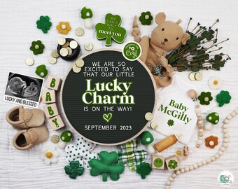 Digital St Patricks Day Pregnancy Announcement, Retro St Paddys Baby Announcement, Boho Gender Neutral Template, Lucky Charm on the Way