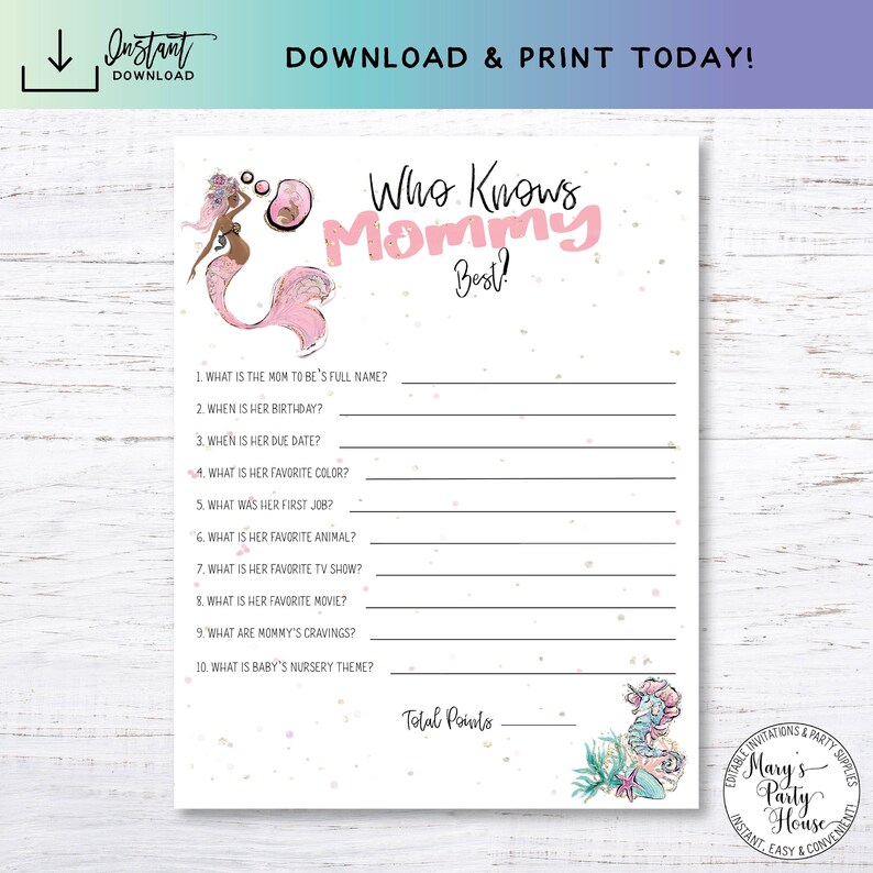 005-M How Well Do You Know Mommy Instant Download Mommy to be Quiz Baby Shower Game Printable Mermaid Who Knows Mommy Best