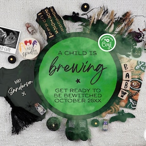 Halloween Pregnancy Announcement Digital Spooky Witch Baby Reveal for Social Media Gender Neutral Cauldron Smoke A Child is Brewing