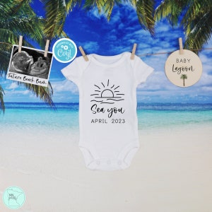 Beach Pregnancy Announcement Digital, Summer Minimalist Baby Reveal, Sea You Onesie® Gender Neutral Pregnancy Reveal, Future Beach Bum