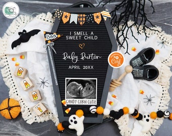 Halloween Pregnancy Announcement Digital, I Smell a Sweet Child Reveal, Spooky Candy Corn Gender Neutral Pregnancy Reveal, Candy Corn Cutie