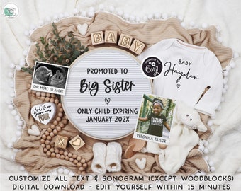 Big Sister or Brother Pregnancy Announcement Digital Boho 2nd Baby Announcement Social Media Reveal Editable Template Instant Download