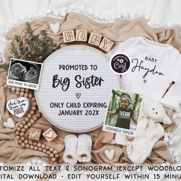 Big Sister or Brother Pregnancy Announcement Digital Boho 2nd Baby Announcement Social Media Reveal Editable Template Instant Download