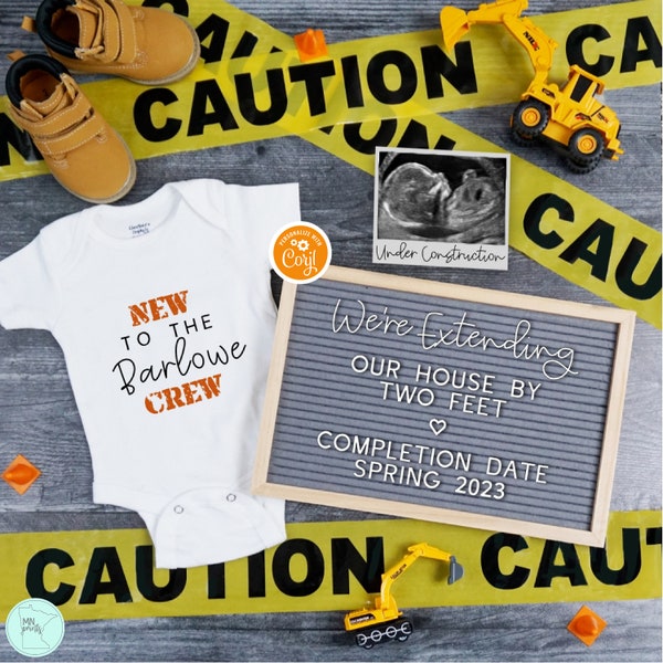 Construction Pregnancy Announcement Digital, New to the Crew Excavator Baby Reveal, Editable Under Construction Baby Announcement Template