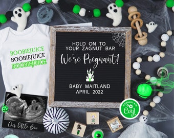 Halloween Pregnancy Announcement for Social Media, Digital Spooky Baby Reveal, Black White Green Gender Neutral Digital Pregnancy Announce