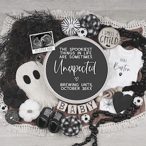 Eerie Halloween Pregnancy Announcement Digital Spooky Pumpkins Baby Reveal Unexpected Surprised Gender Neutral Reveal Editable Template