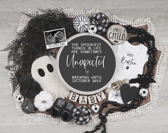 Eerie Halloween Pregnancy Announcement – Spooky Pumpkin Baby Reveal Editable Digital Template