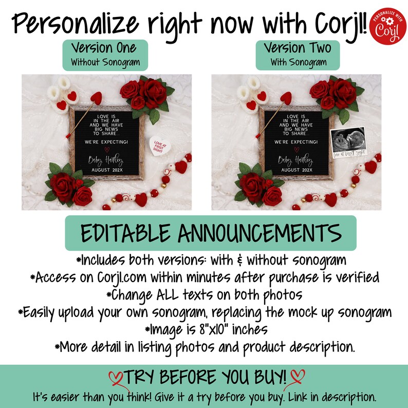 May include: Editable announcement template for a pregnancy announcement. The template features two versions, one with and one without a sonogram. Both versions feature a chalkboard with the text "Love is in the air and we have big news to share. We're expecting! Baby [Name] August 202X". The template also includes red roses, hearts, and a string of beads.