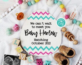 Könnte beinhalten: Ein hölzernes, eiförmiges Schild mit dem Text "We can't wait to meet you Baby Harlow Hatching October 2022". Das Schild ist von Babyartikeln umgeben, darunter Filzhasen, ein Schnuller, Babyschuhe und Holzblöcke mit der Aufschrift "LOVE".