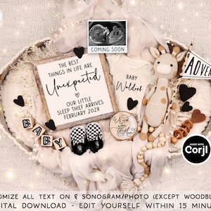 Annuncio di gravidanza inaspettato digitale, annuncio di nascita divertente Boho, social media rivelano modello modificabile di genere neutro, al settimo cielo