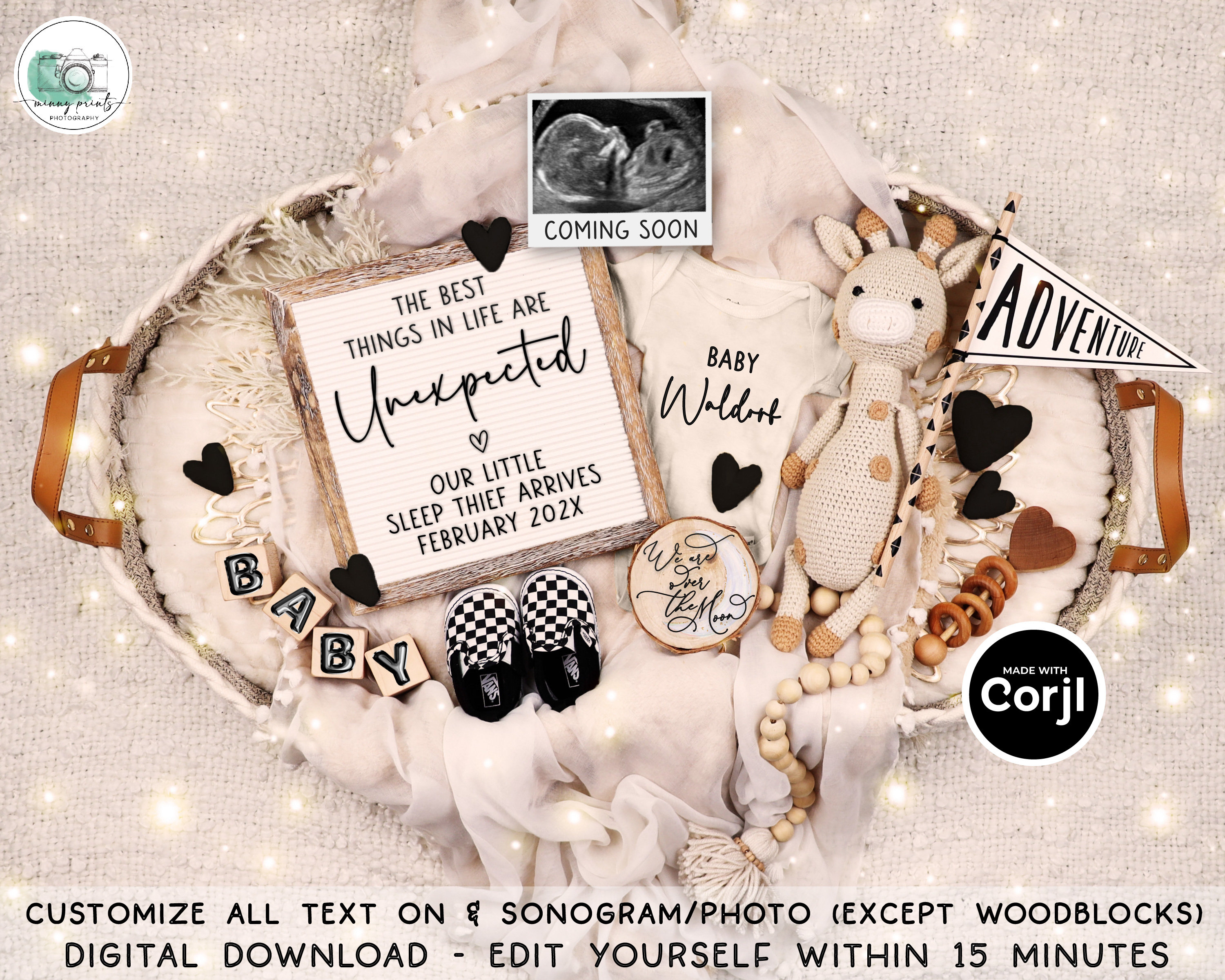 Unexpected Pregnancy Announcement Digital, Boho Funny Baby Announcement, Social Media Reveal Editable Gender Neutral Template, Over the Moon
