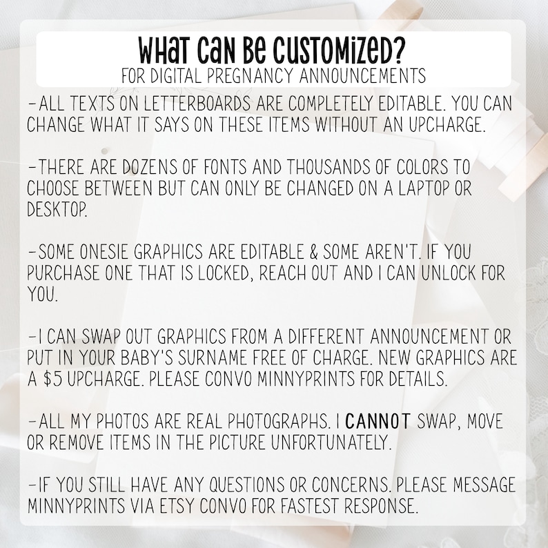 May include: Text on a white background with a list of customization options for digital pregnancy announcements. The text says "What can be customized? For digital pregnancy announcements." and includes details about fonts, colors, graphics, and photos.