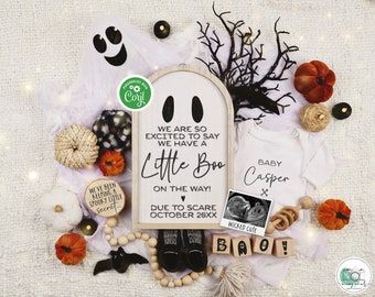 Halloween Digital Pregnancy Announcement Spooky Ghost Baby Boo Reveal for Social Media Gender Neutral Black White Orange Editable Template