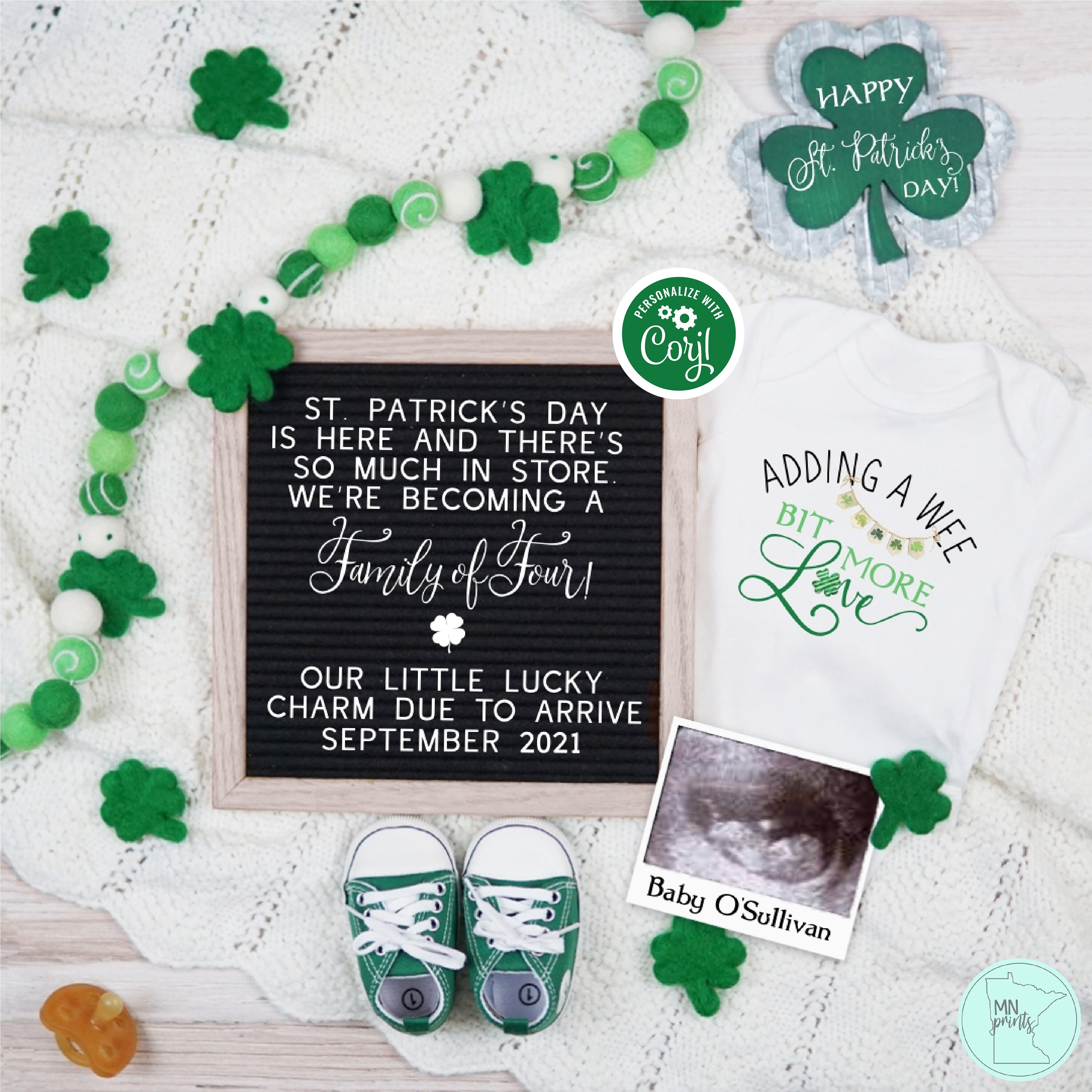 Digital Pregnancy and baby announcement with editable template and ultrasound and St Patrick's themed