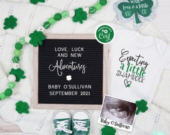 St Patrick's Day Pregnancy Announcement, Love, Luck & New Adventures, Digital Social Media Pregnancy Reveal, Letter Board Baby Announcement