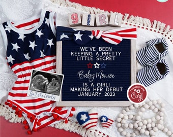 Girl Patriotic Pregnancy Announcement Digital, It's a Girl Gender Reveal 4th of July Baby Announcement, Keeping a Secret Baby Girl Reveal