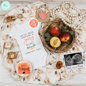 Boho Peaches Pregnancy Announcement Digital, Editable We've Been Keeping a Juicy Secret Baby Reveal, Peach Pregnancy Social Media Template