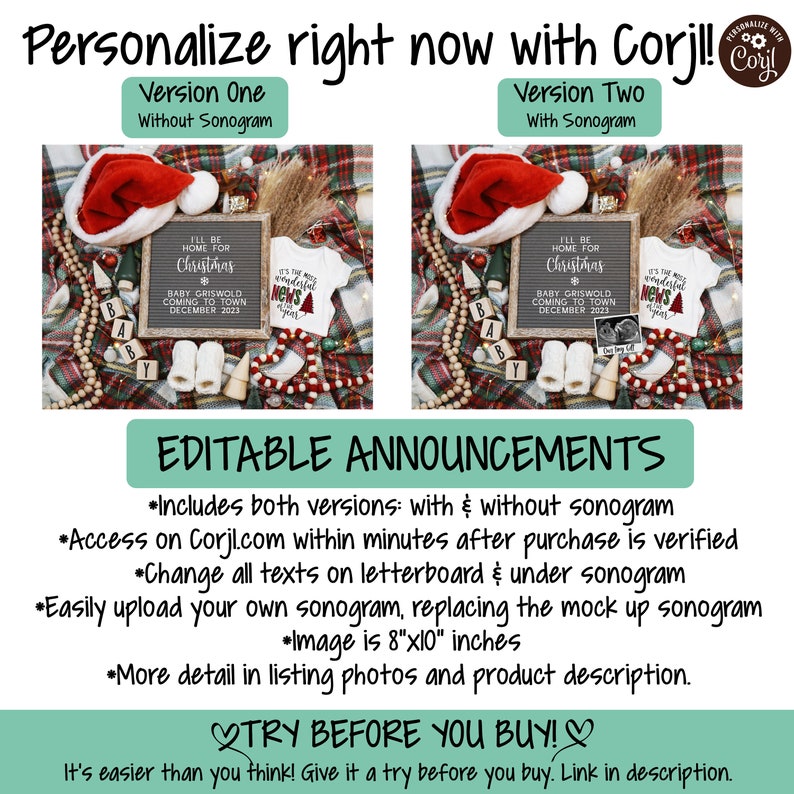 May include: Editable Christmas baby announcement with two versions: one with and one without a sonogram. The announcement features a letterboard with the text "I'll be home for Christmas", a baby onesie, and a small wooden toy. The announcement is 8 inches by 10 inches.