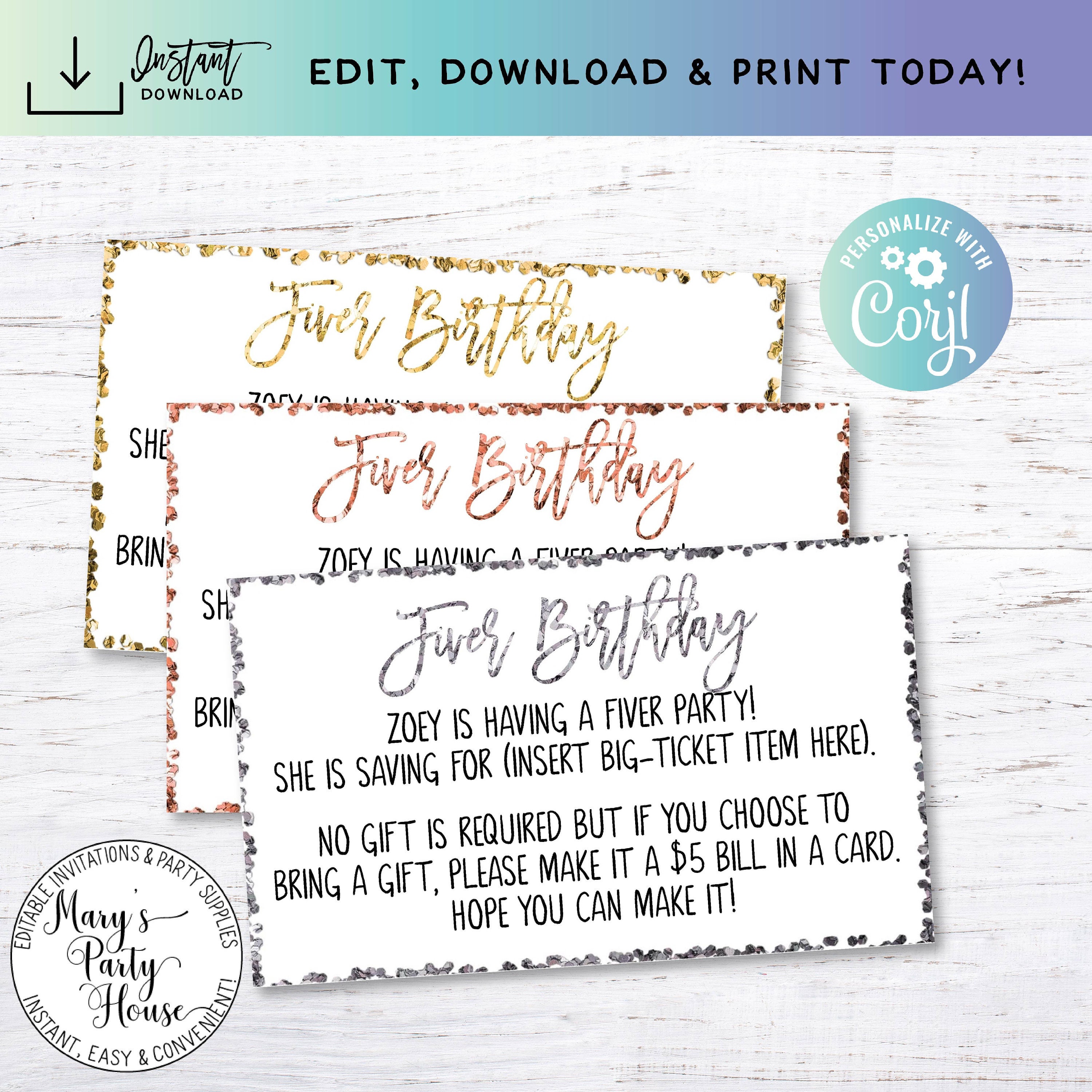 Glitter Fiver Birthday Fiver Invitation Insert Birthday - Etsy Australia