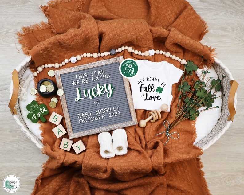 St Patricks Day Pregnancy Announcement Digital, Baby Announcement, Boho Gender Neutral Template, Extra Lucky, Our Pot of Gold image 2