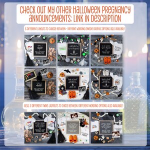 May include: A collage of nine images showcasing different Halloween pregnancy announcement ideas. The images feature various props, including pumpkins, bats, ghosts, and baby onesies with Halloween-themed designs. The text "I smell a child!" and "Trick or Treat" are featured in several of the images.