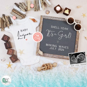 Funny Girl Beach Pregnancy Announcement, Digital Summer Baby Announcement, Little Beach Babe Reveal, Seashell Tropical, It&#39;s a Girl
