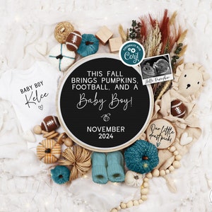 Baby Boy Fußball Digitale Schwangerschaftansage Herbst Es ist ein Junge Gender Reveal Ankündigung bearbeitbare Vorlage Gender Reveal für Social Media