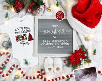 Editable Christmas Pregnancy Announcement Digital, Santa Baby Social Media Pregnancy Letter Board, Most Wonderful News, Our Greatest Gift