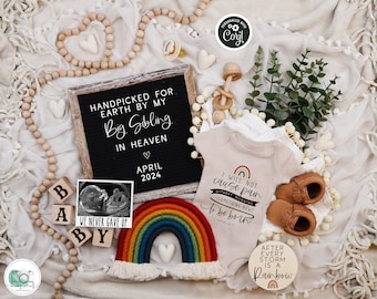 May include: A baby announcement with a letter board that reads "HANDPICKED FOR EARTH BY MY Big Sibling IN HEAVEN APRIL 2024". Includes a sonogram, rainbow, baby shoes, and a onesie with text. Wooden blocks spell "BABY".