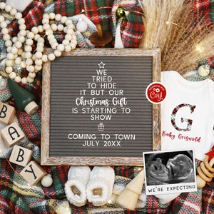 Digital Christmas Pregnancy Announcement, Editable Boho Holiday Social Media Pregnancy, Winter Rustic Plaid Baby Reveal Template, Xmas Gift