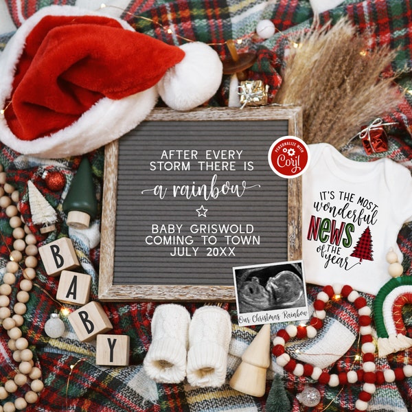 Digital Rainbow Baby Christmas Pregnancy Announcement, Editable Boho Rainbow Baby Holiday Social Media, After Every Strom is a Rainbow