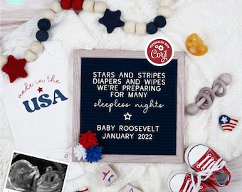 4th of July Pregnancy Announcement, Digital Patriotic Baby Reveal, Editable Social Media Reveal Template, Stars Stripes & Sleepless Nights