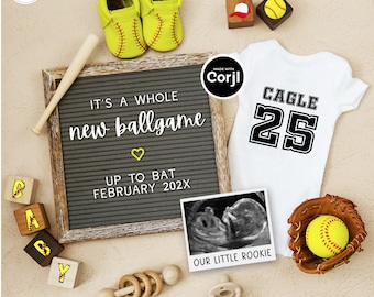 May include: A white onesie with the text "CAGLE 25" in black. A letter board with the text "It's a whole new ballgame Up to bat February 202X". A baseball glove with a yellow baseball inside. A black and white ultrasound image with the text "Our little rookie". A set of wooden blocks that spell out "BABY". A pair of yellow and white baseball-themed baby shoes.