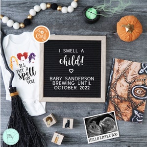 Anuncio de embarazo de Halloween para las redes sociales, Anuncio de bebé bruja digital, Brebaje de bruja espeluznante, Huelo a niño, Tablero de cartas