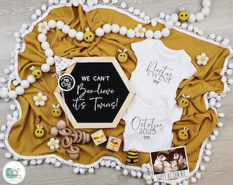 Bee Twins Pregnancy Announcement Digital, Bumble Honey Bee Twin Reveal, Spring Twins Gender Neutral Template, We can't bee-lieve it Twins