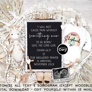 Christian Pregnancy Announcement Digital Editable Isaiah 66:9 Boho Rainbow Baby Announcement Gender Neutral Reveal Template Answered Prayer