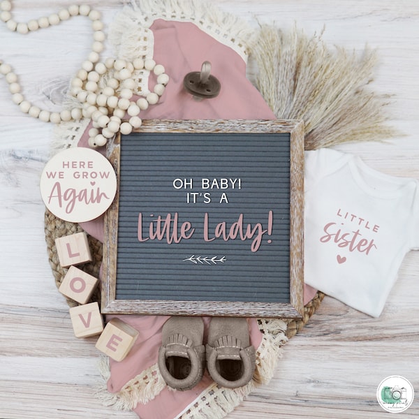 NOT EDITABLE Little Sister Pregnancy Announcement, Instant Download Digital Social Media Baby Reveal, Boho Blush Pink Baby Girl Announcement