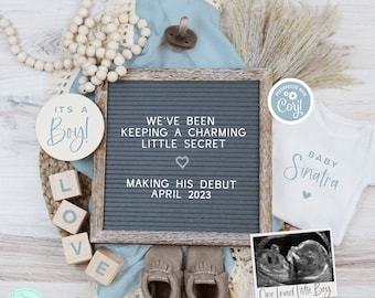 May include: A baby announcement with a gray letter board that reads "We've been keeping a charming little secret, making his debut April 2023." The image includes a onesie with "Baby Sinatra" printed on it, baby shoes, and an ultrasound image.